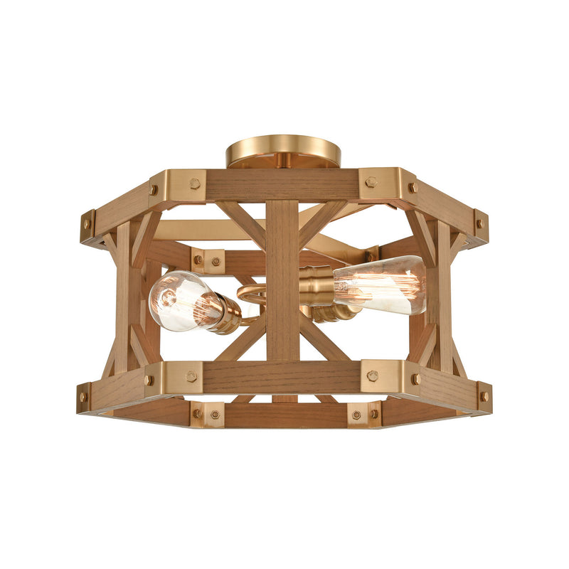 ELK Home 33331/3 Three Light Semi Flush Mount, Satin Brass, Medium Oak, Medium Oak Finish - At LightingWellCo