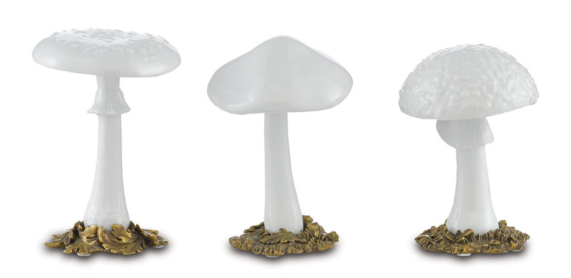 Currey and Company 1200-0382 Mushrooms Set of 3, White/Antique Brass Finish - LightingWellCo