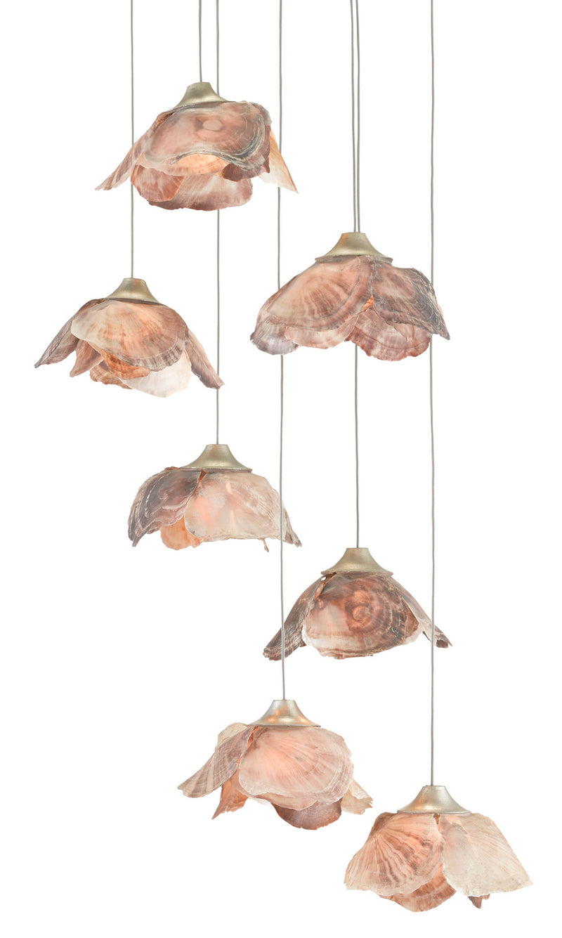 Currey and Company 9000-0676 Seven Light Pendant, Painted Silver/Contemporary Silver Leaf/Natural Shell Finish - LightingWellCo