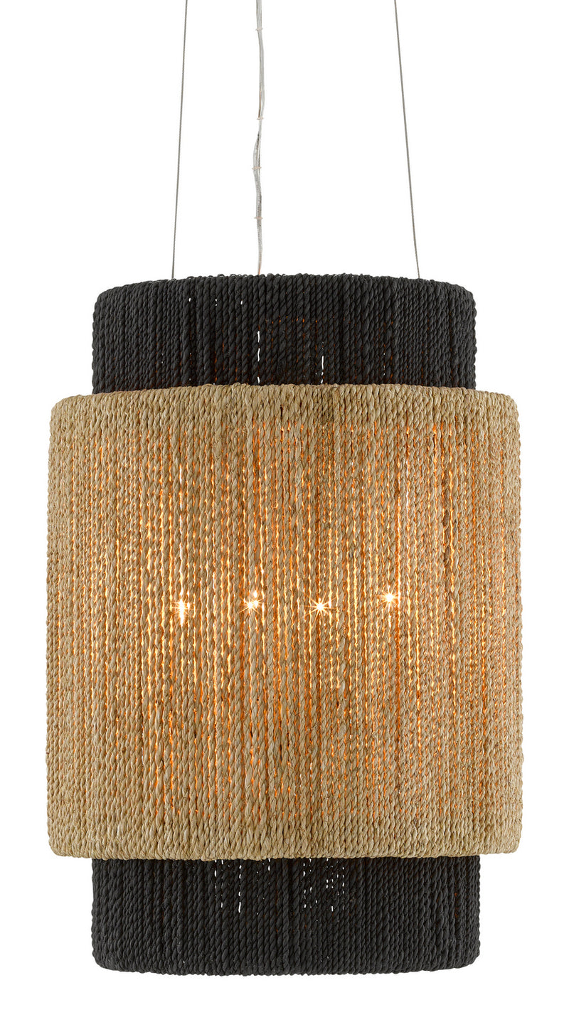 Currey and Company 9000-0756 Four Light Chandelier, Satin Black/Natural/Black/Smokewood Finish - LightingWellCo