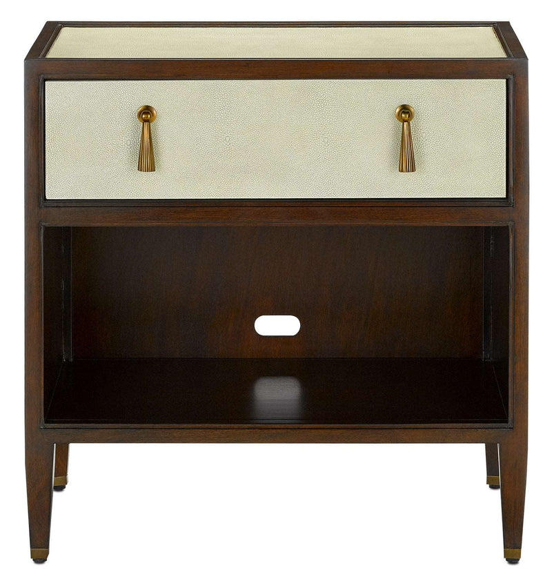 Currey and Company 3000-0156 Nightstand, Ivory/Dark Walnut/Brass Finish - LightingWellCo