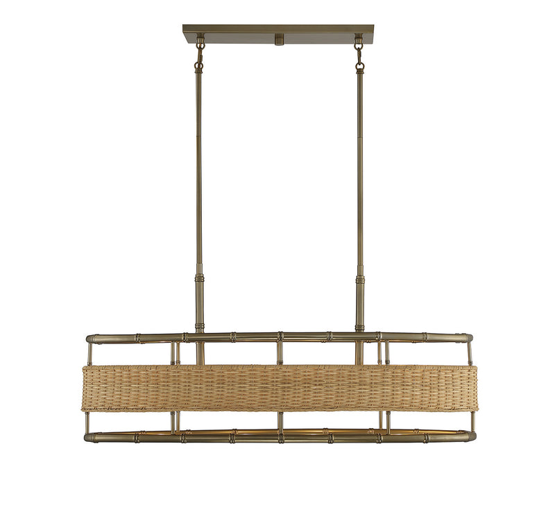 Savoy House 1-7770-4-177 Four Light Linear Chandelier, Warm Brass With Natural Rattan Finish LightingWellCo