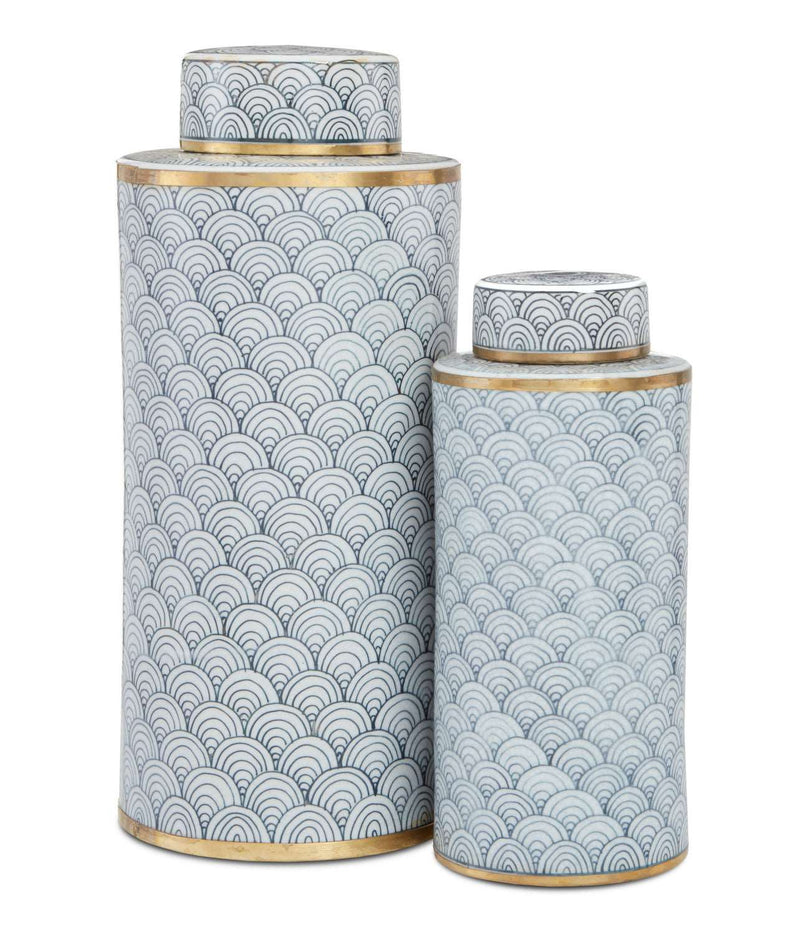 Currey and Company 1200-0416 Canister Set of 2, Navy Blue/White/Antique Brass Finish - LightingWellCo