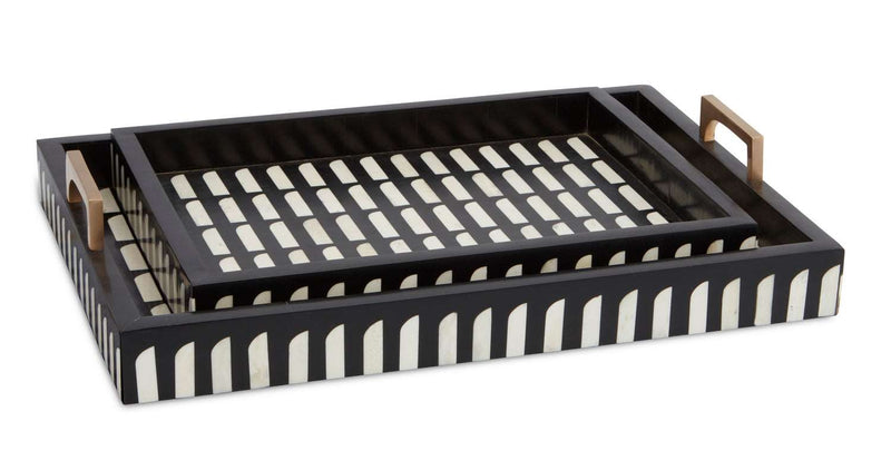 Currey and Company 1200-0449 Tray Set of 2, Black/White/Brass Finish - LightingWellCo