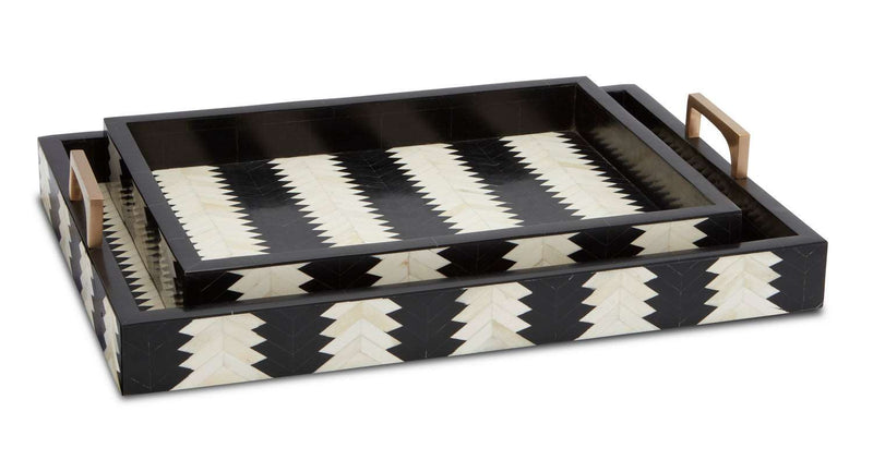 Currey and Company 1200-0451 Tray Set of 2, Black/White/Brass Finish - LightingWellCo