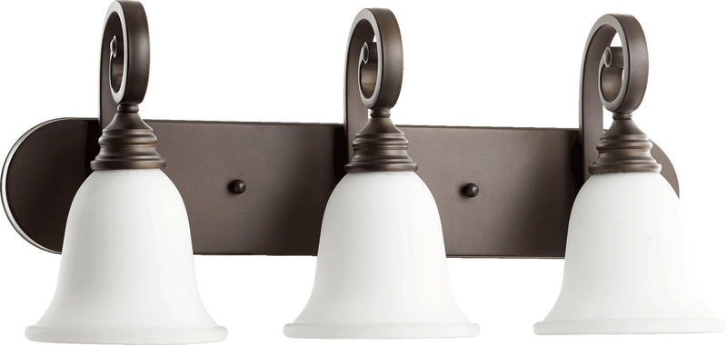 Quorum 5154-3-186 Three Light Vanity, Oiled Bronze w/ Satin Opal Finish - LightingWellCo