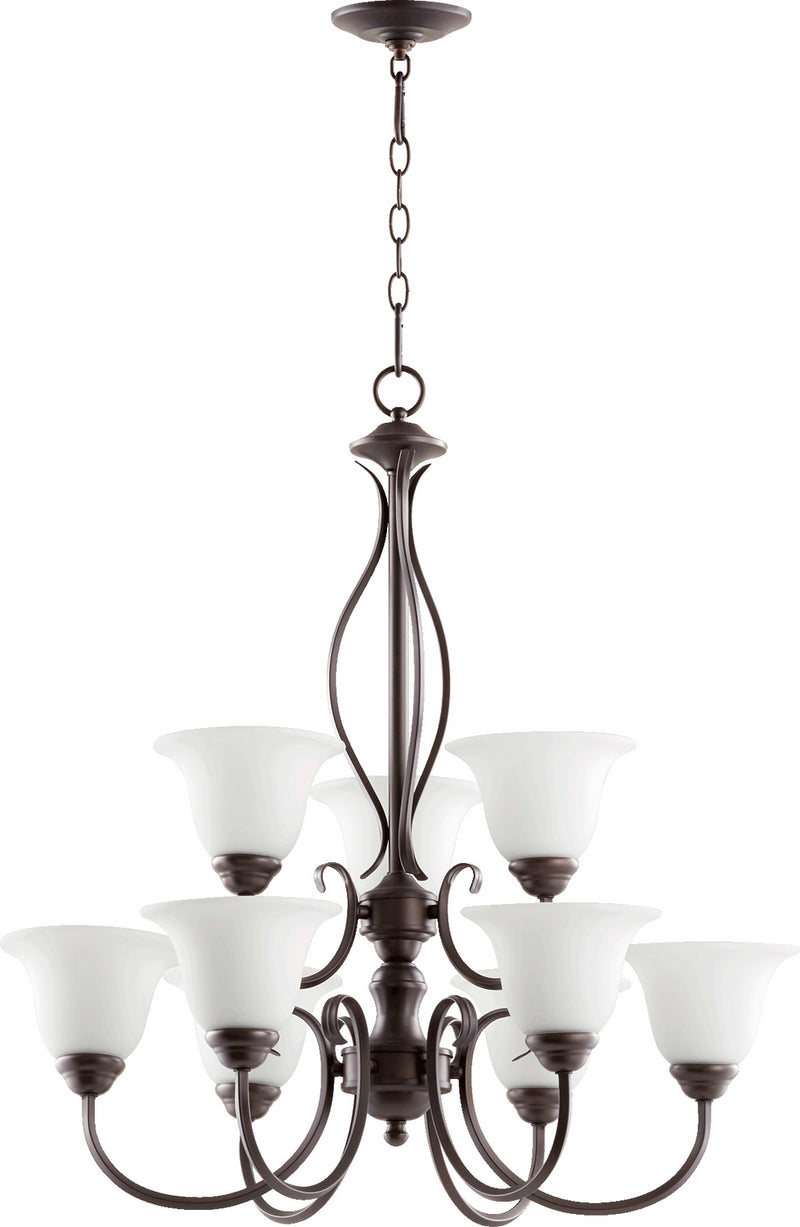 Quorum 6010-9-186 Nine Light Chandelier, Oiled Bronze w/ Satin Opal Finish - LightingWellCo