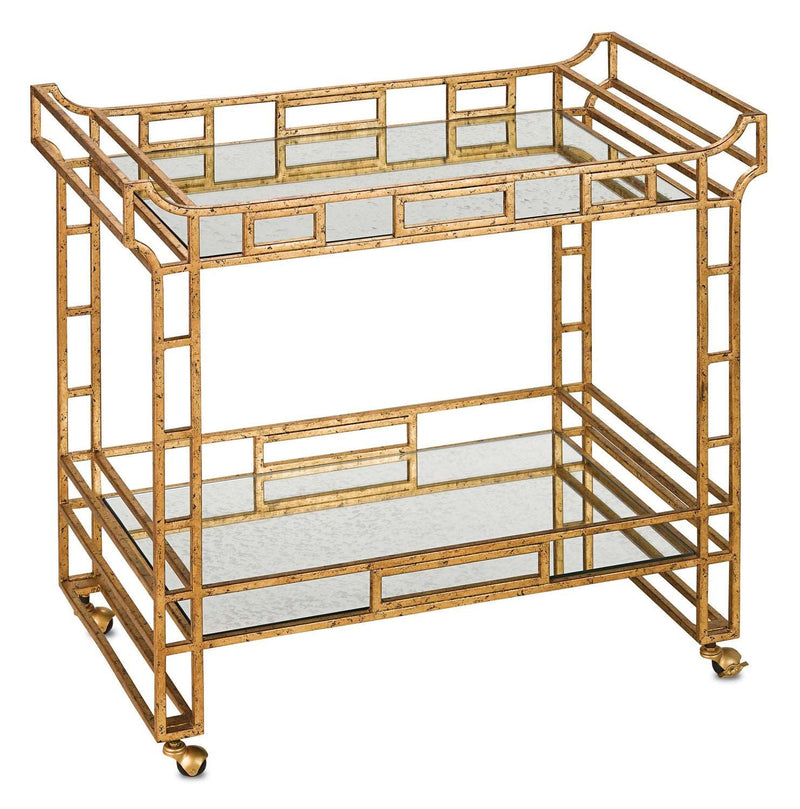 Currey and Company 4217 Bar Cart, Seneca Gold Leaf/Light Roche Antique Mirror Finish - LightingWellCo