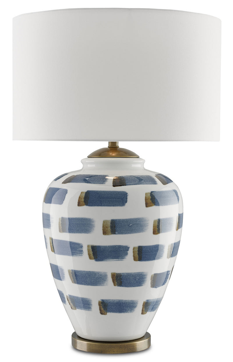 Currey and Company 6000-0019 One Light Table Lamp, White/Blue/Antique Brass Finish - LightingWellCo