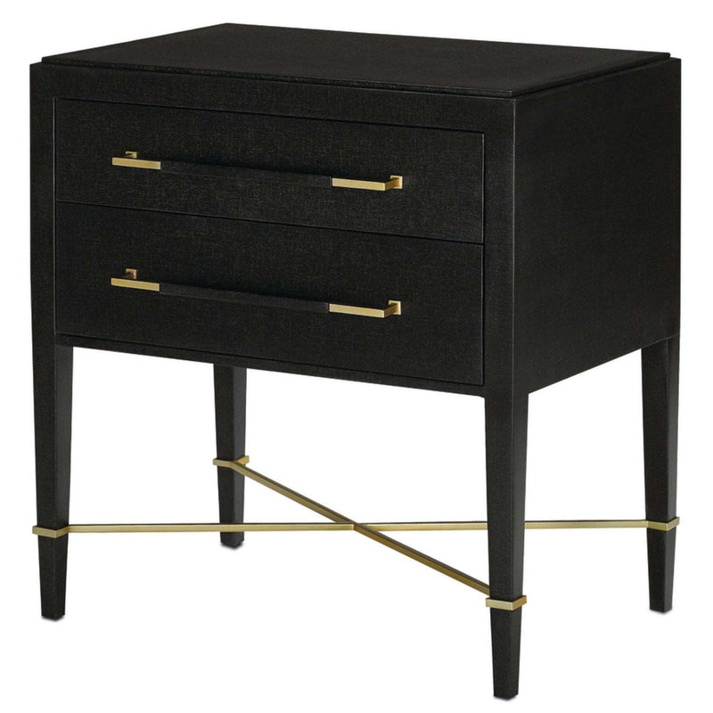 Currey and Company 3000-0036 Nightstand, Black Lacquered Linen/Champagne Finish - LightingWellCo