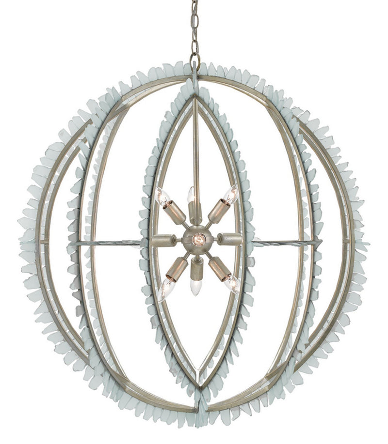 Currey and Company 9000-0210 Nine Light Chandelier, Contemporary Silver Leaf/Seaglass Finish - LightingWellCo