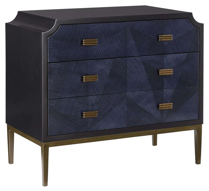 Currey and Company 3000-0124 Chest, Dark Sapphire/Caviar Black/Antique Brass Finish - LightingWellCo