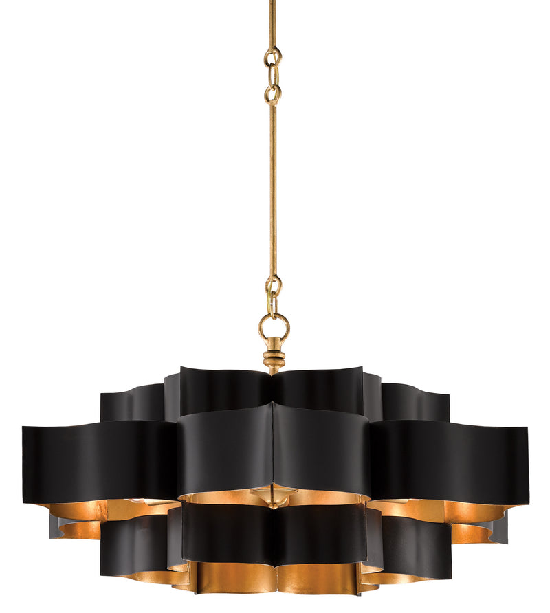 Currey and Company 9000-0429 Six Light Chandelier, Satin Black/Contemporary Gold Leaf Finish - LightingWellCo